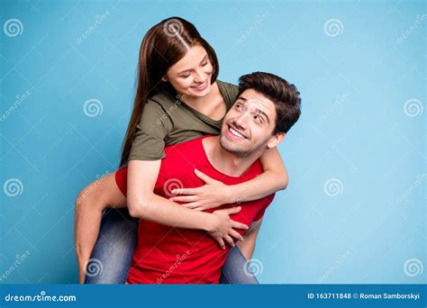 Portrait Of Positive Romantic Two Dreamy Couple Man Hug His Wife Spouse