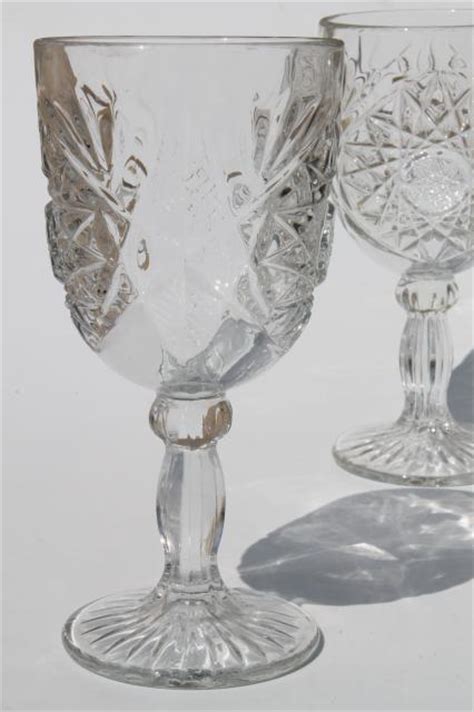 Vintage Hobstar Crystal Clear Libbey Glass Water Glasses Large Wine Goblets Set Of 6