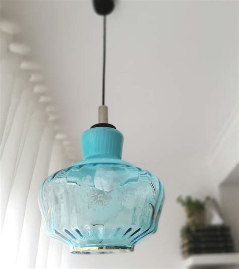 Hanging Lamp Blue Glass Ceiling Pendant Gold Trimmed 1 Catawiki