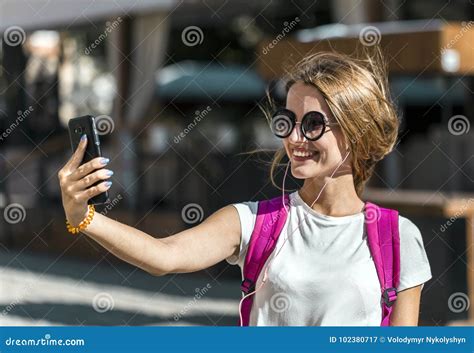 Happy Tourist Girl Taking Selfie Stock Image Image Of Smiling Roof