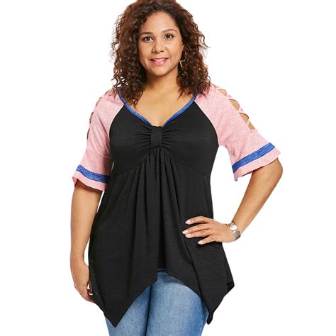 Wipalo Plus Size 5XL V Neck Criss Cross Sleeve T Shirts Bow Bust