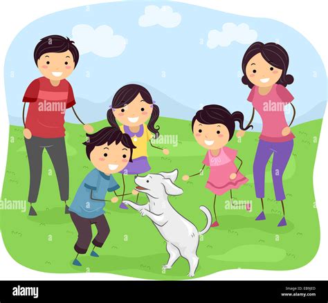 Ilustración Con Una Familia Jugando Con Su Perro Fotografía De Stock