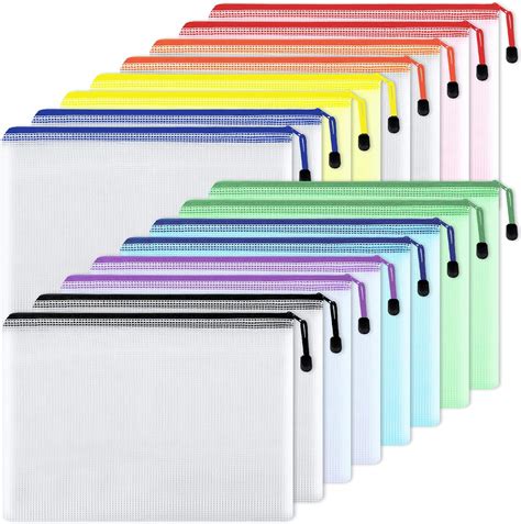 Eoout 16pcs Plastic Mesh Zip Document Pouches Zip File Folders With A4