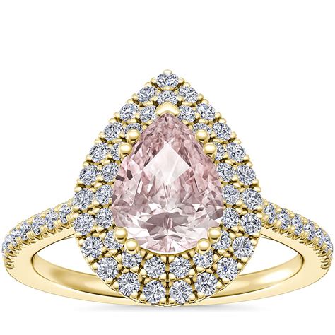 Micropavé Double Halo Diamond Engagement Ring With Pear Shaped Morganite In 18k Yellow Gold