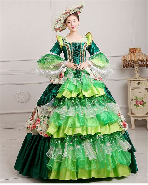 100real Goldenbluegreenpink Lace Ruffled Medieval Dress With Hat