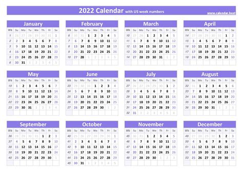 2022 Calendar With Weeks Numbered