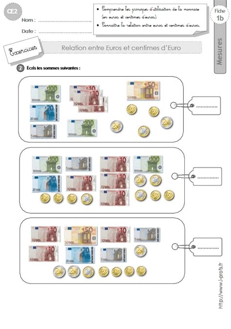 CE2 MESURES ET GRANDEURS Exercices La Monnaie Relation Euro Centimes