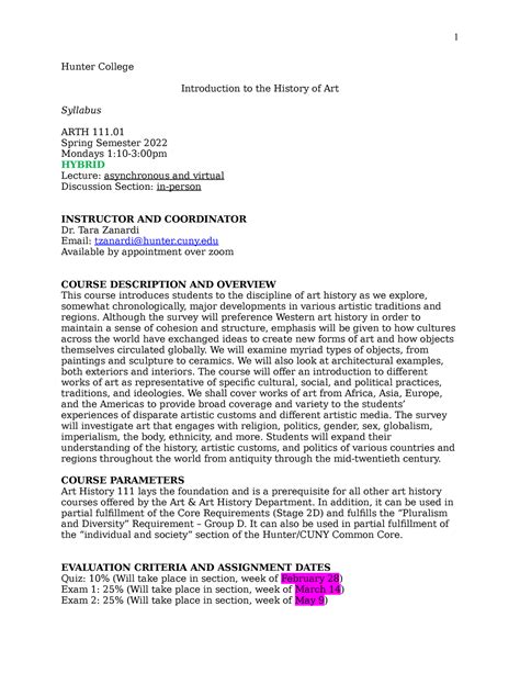 Art H111 Syllabus Spring 2022 Hunter College Introduction To The