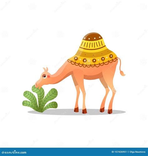 Dromedary Camel With A Saddle Raster Illustration In Flat Cartoon