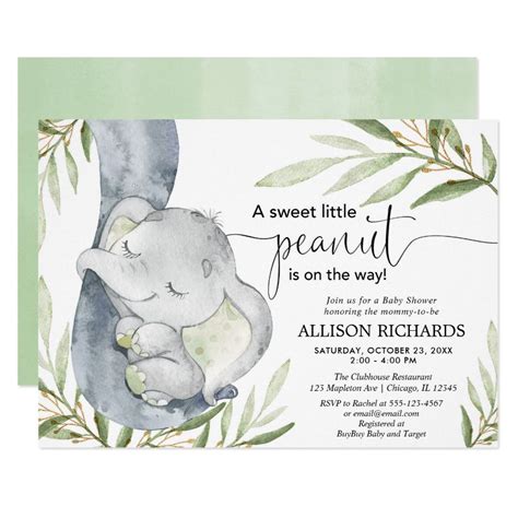 Gender Neutral Baby Shower Elephant Greenery Gold Invitation In 2020