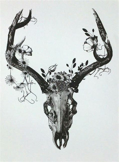 Animal skull covered in flowers and mushrooms. with coloured flowers | Deer skull tattoos, Feather ...