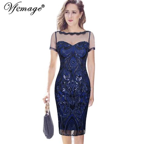 Vfemage Womens Elegant Sequins Embroidery Sexy See Through Mesh Formal