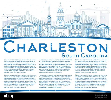 Outline Charleston South Carolina Skyline With Blue Buildings And Copy