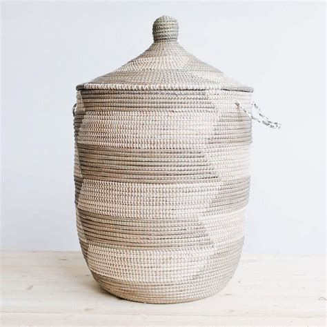Woven African Laundry Clothes Hamper Silver Herringbone Large