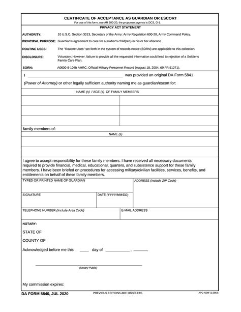 Da Form 5840 Certificate Of Acceptance As Guardian Or Escort Forms