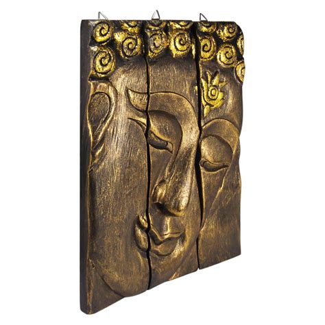 Golden Buddha Face Three Panel Hand Carved Wood Wall Art 8
