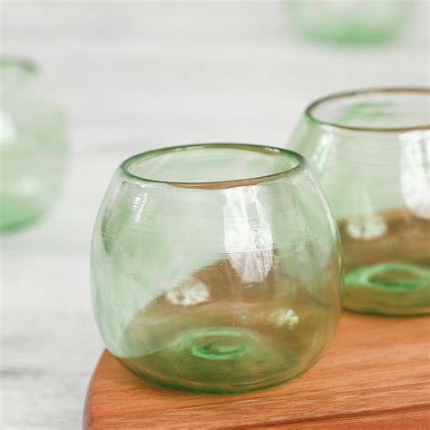 six green recycled glass stemless wine glasses from mexico social bliss in green novica