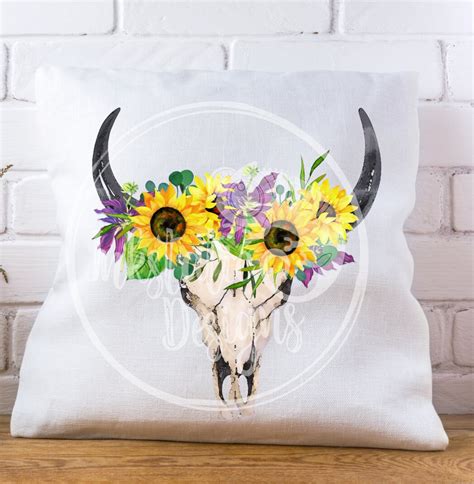 Boho Cow Skull Sublimation Transfer Rustic Sunflowers And Cow Etsy
