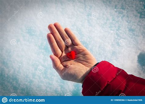 Hand Holding Heart In Winter Nature Giving Love Stock Photo Image