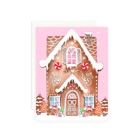 Pink Gingerbread House Christmas Greeting Card Cami Monet