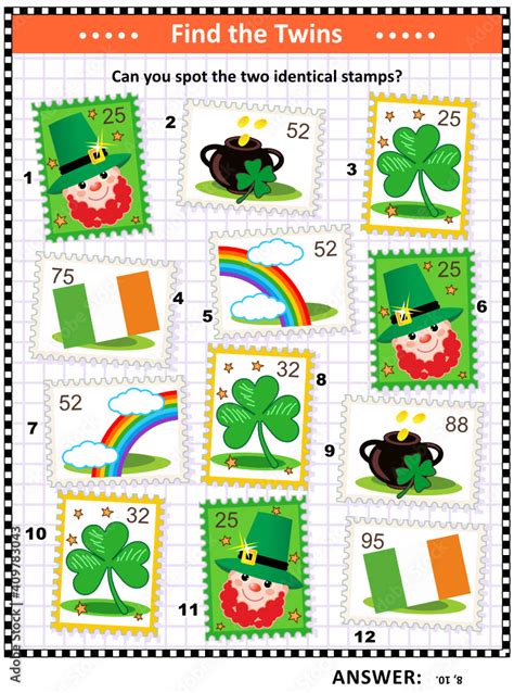 St Patrich S Day Picture Puzzle With Postage Stamps Can You Spot Two Identical Postage Stamps