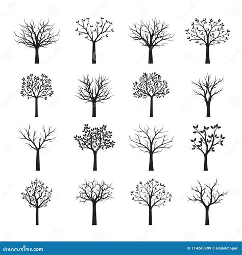 Naked Trees Silhouettes Set Hand Drawn Isolated Illustrations Nature Drawing Cartoon Vector