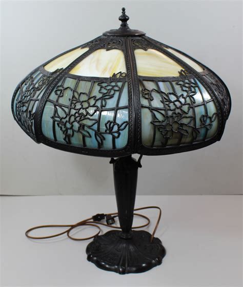 Bargain Johns Antiques Antique Slag Glass Paneled Table Lamp Black