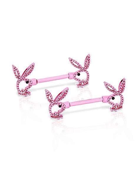 Cz Pink Playboy Bunny Cutout Titanium Nipple Barbells 14 Gauge