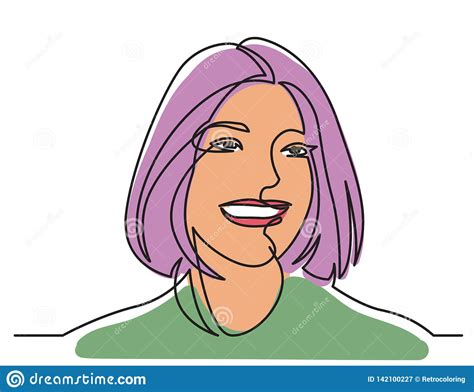 Continuous Line Drawing Of Happy Woman Portrait On White Background