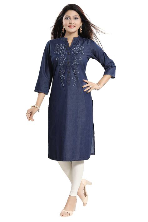 Decent Dark Blue Denim Fabric Long Kurti For Women