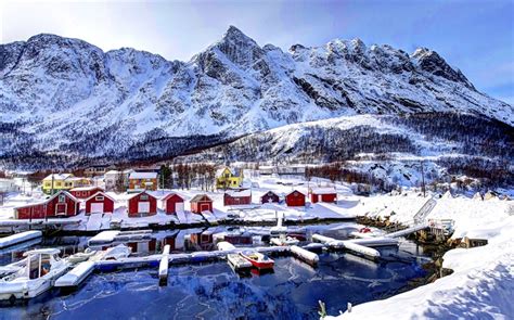 겨울 눈 베이 산 집 보트 노르웨이 Hd 배경 화면 여행 배경 화면 미리보기