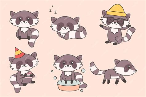 Premium Vector Kawaii Funny Raccoon Collection Cute Raccoons Cartoon