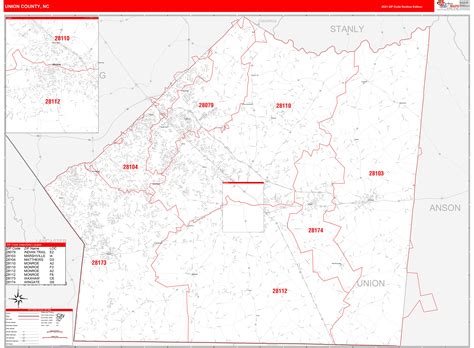 Union County, NC Zip Code Wall Map Red Line Style by MarketMAPS