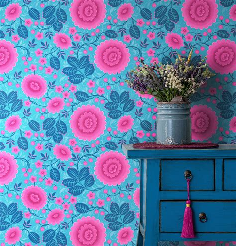 Wallpaper Pink And Blue Floral Wallpaper Large Pink Flowers Etsy Uk