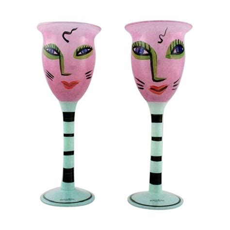 Ulrica Hydman Vallien For Kosta Boda Two Hand Painted Wine Glasses Hand Painted Wine Glasses