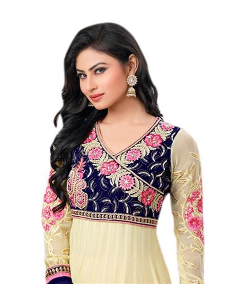 Desi Girl Off White Pure Georgette Anarkali Embroidered Dress Material