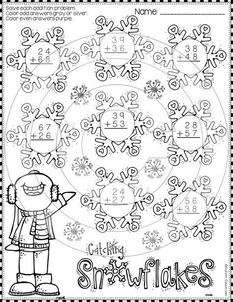 Winter 2 Digit Addition With Regrouping Color By Code Printables 2nd
