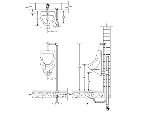 Sanitary Men Standing Water Closet Detail Plan And Elevation 2d View