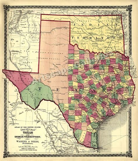 1875 Map Of Texas Counties And Indian Territory 24x28 Ebay