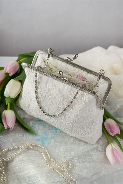 Lace Ivory Bridal Clutch Purse Of Cotton Satin With Kiss Lock Etsy