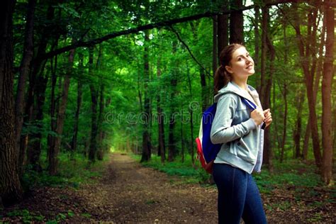 Happy Girl Going Through The Forest Stock Image Image Of Travel