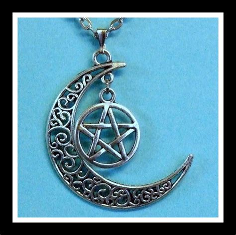 Crescent Moon With Pentagram Necklace On Stainless Steel Chain On The
