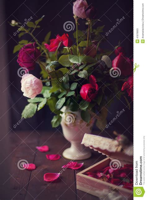 Conceptual Still Life Roses In A Vintage Vase Stock Image Image Of