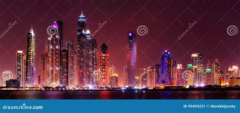 Amazing Night Panorama Of Dubai Marina United Arab Emirates Stock