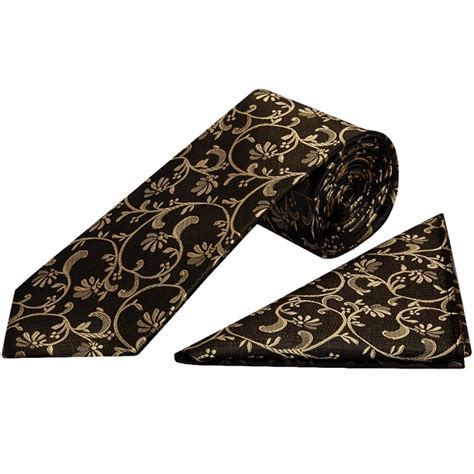 Black And Gold Floral Tie And Handkerchief