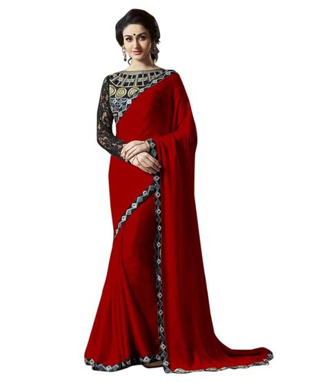 Buy Red Plain Satin Saree With Blouse Online