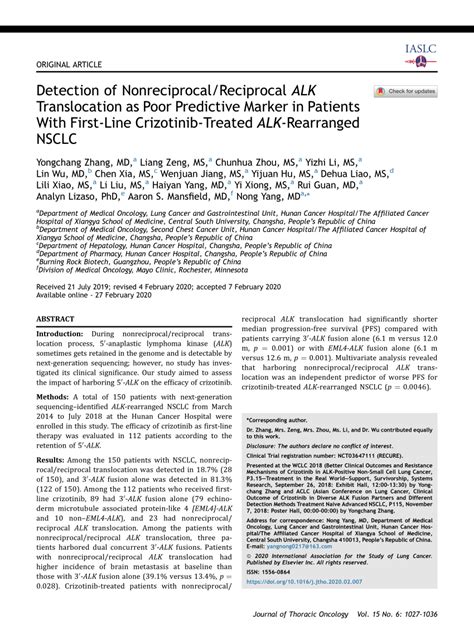 Pdf Detection Of Non Reciprocalreciprocal Alk Translocation As Poor
