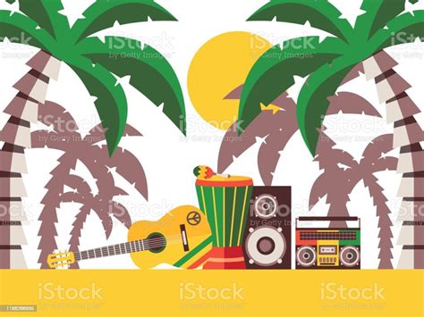 Reggae Music Beach Party Vector Illustration Musical Instruments On The