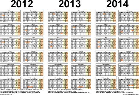 Three Year Calendars For 2012 2013 And 2014 Uk For Excel