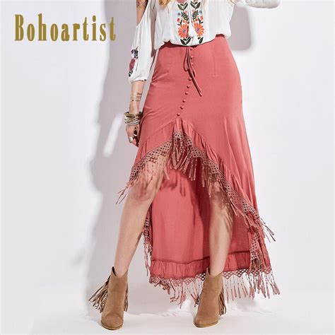 Bohoartist Womens Bohemian Skirts Solid Pink Lace Up Tassel Front